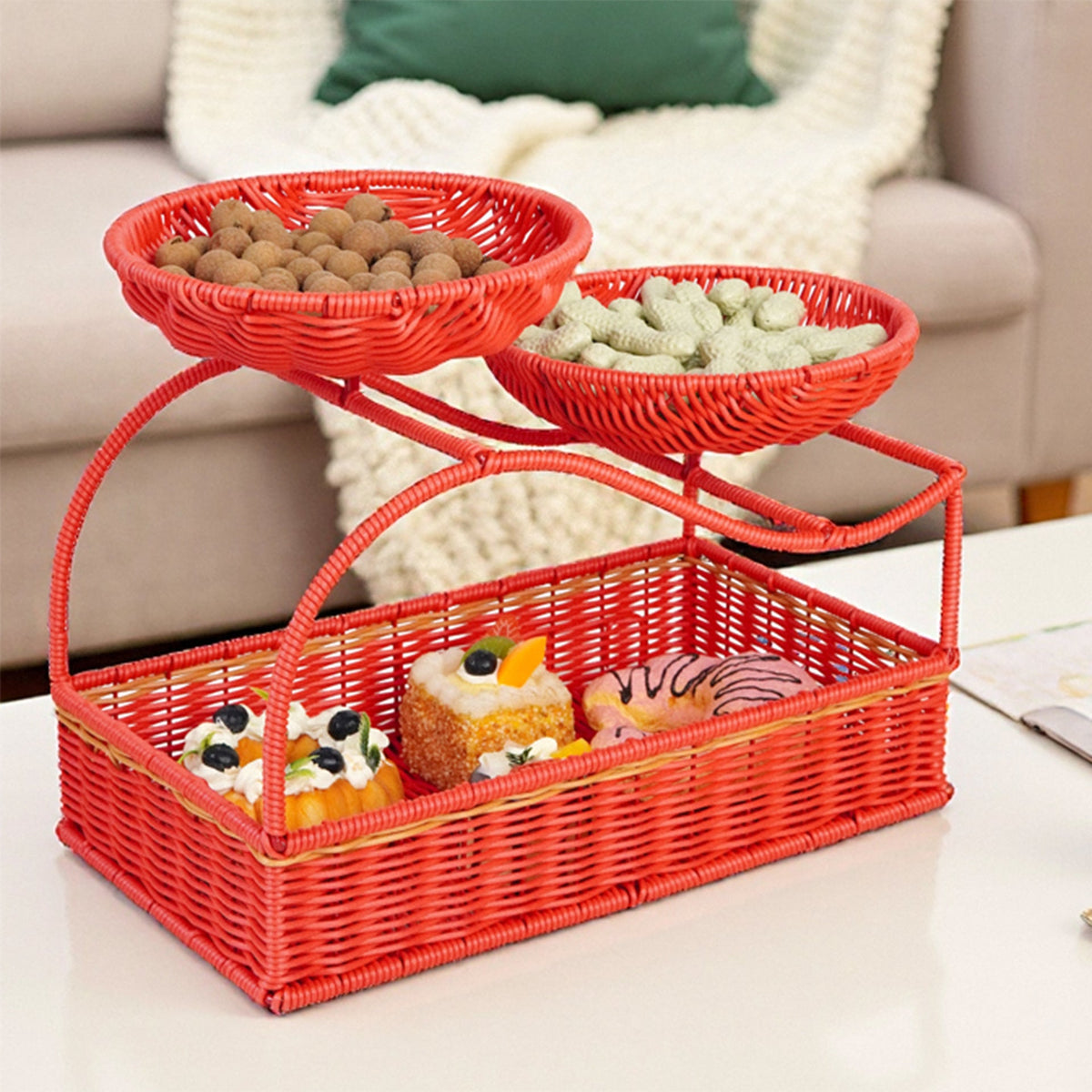 Two-Tier Fruit Basket in a Woven Rattan Look | Kitchen Organizers with a Carry Handle for the Counter | 2 Colors
