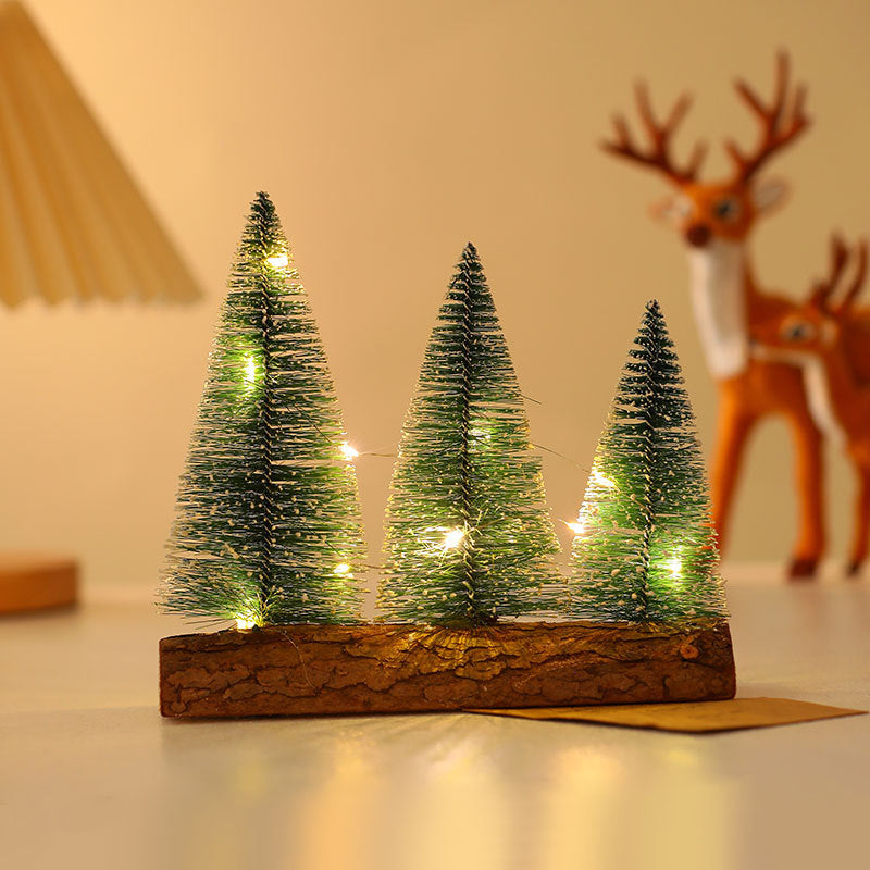 Mini Christmas Tree Decorations Set with LED Lights on Wood Base