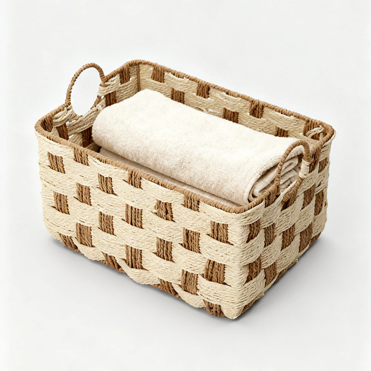 Honeycomb Weave Storage Organizer Basket with Rope Handles | Laundry and Toy Bin | 15.7 x 11 x 9 in