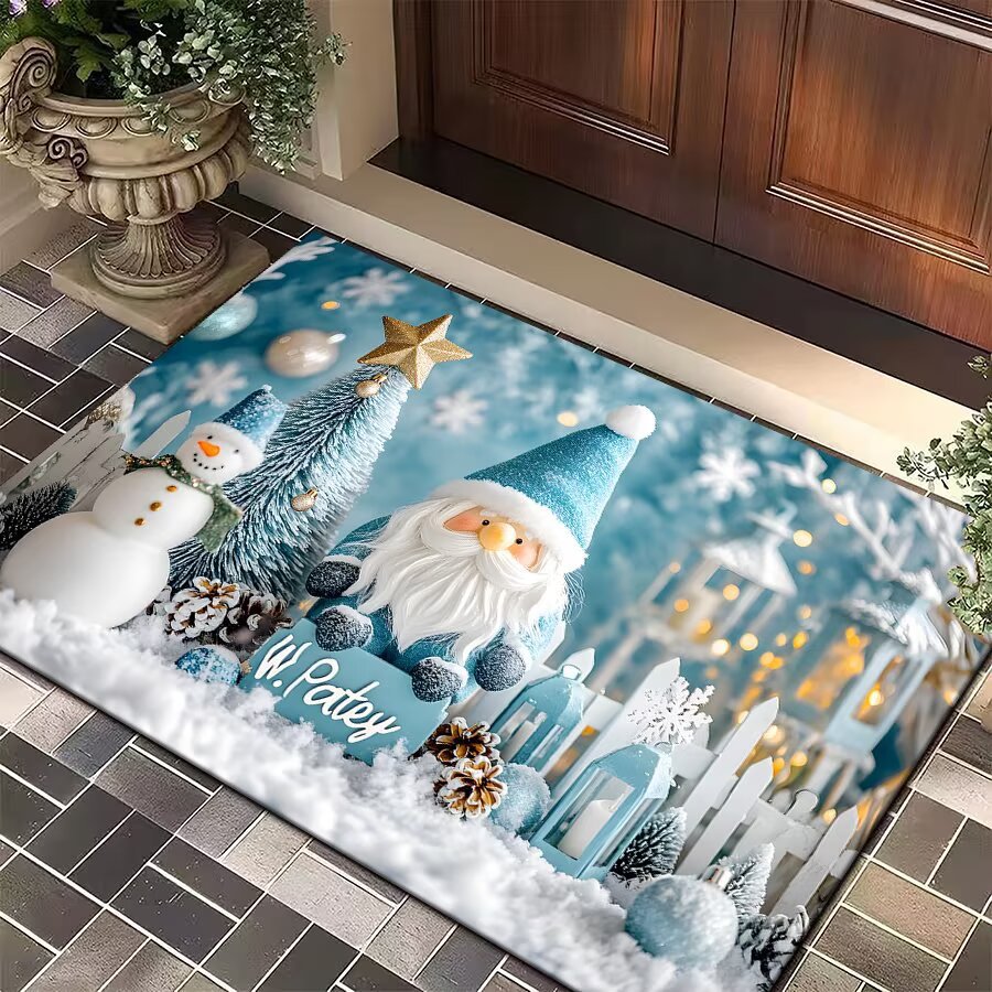 Christmas Door Mat with a Dog in a Festive Jumper | Red Welcome Rug for Entryways | Durable Weave in Several Sizes