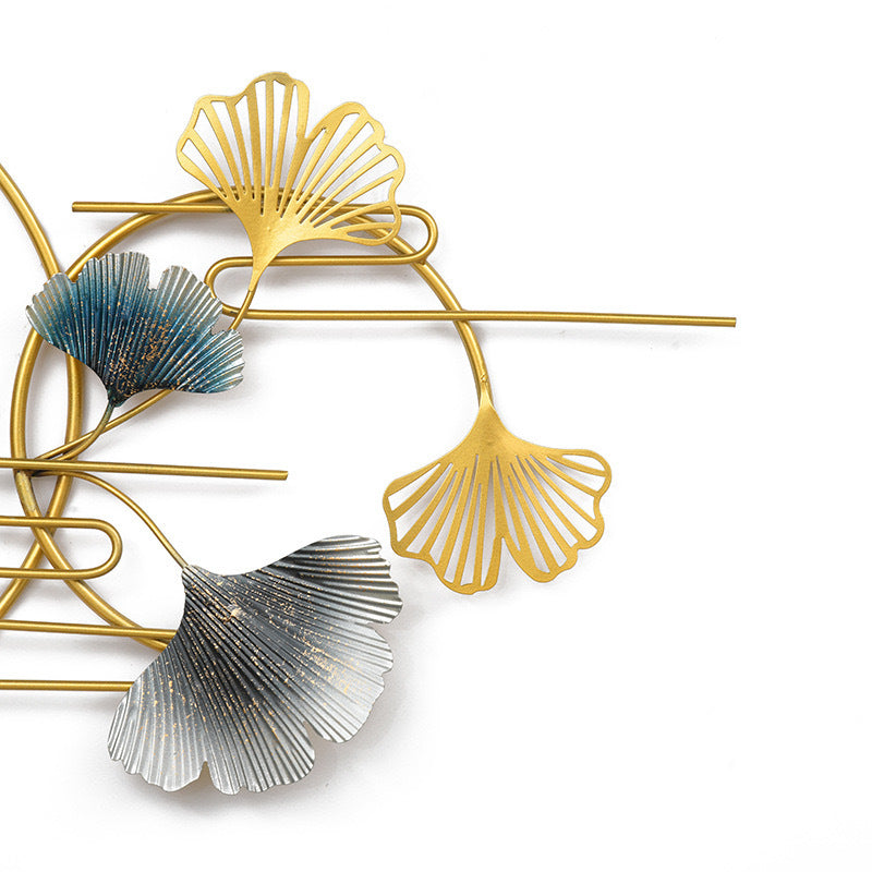 Long Wall Clock with Gilded Ginkgo Leaves in Metal | 36 x 13 in, Made to Fill a Wide Empty Stretch | Easy to Hang