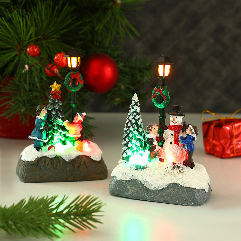 Light Up Christmas Village Figurines with Snowman and Lamp Post