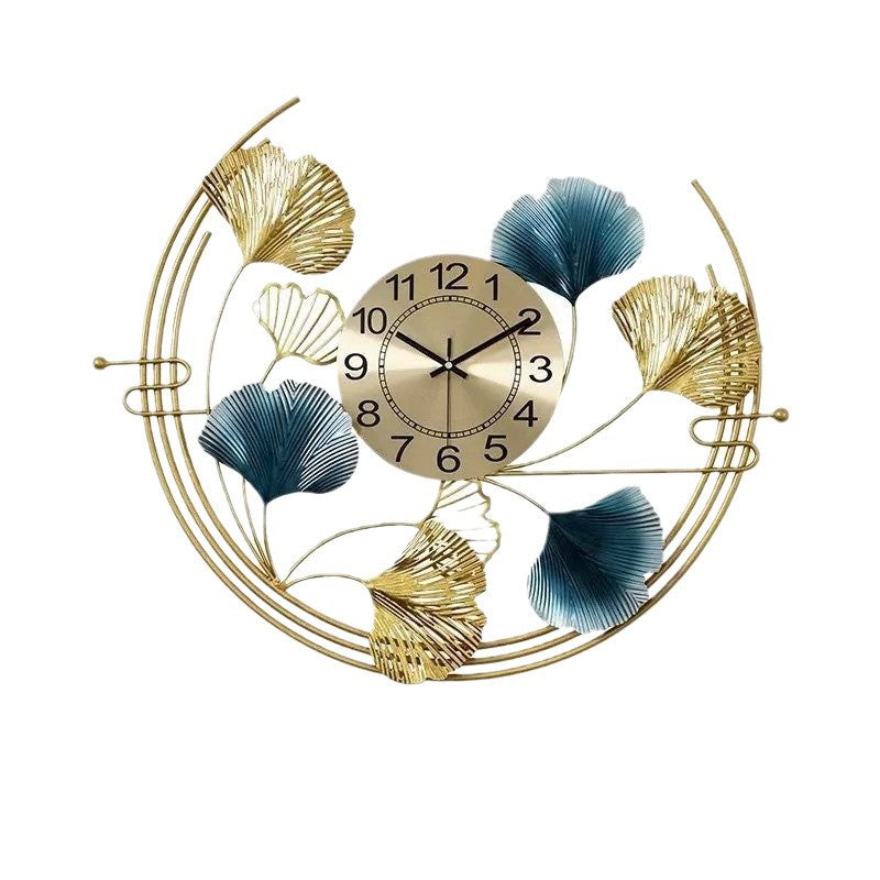 Large Wall Clock with Gold and Green Ginkgo Leaf Frame | 26 in Across for a Hallway or Living Room | 4 Finishes
