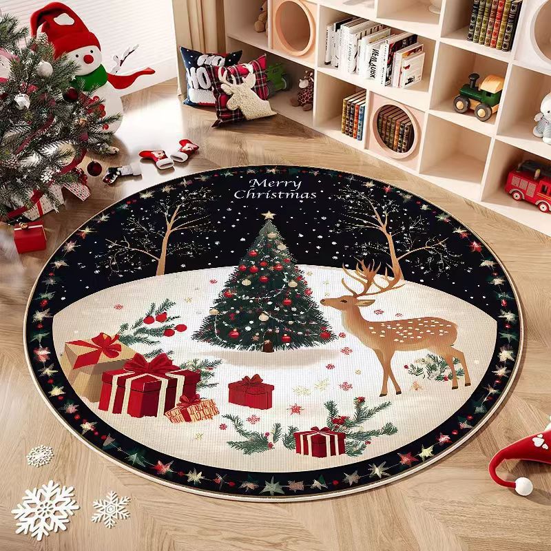 Round Washable Christmas Rug with Tree and Reindeer Design