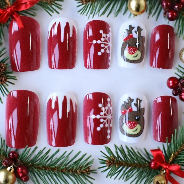 Christmas Press On Nails with Reindeer and Snowflake Designs