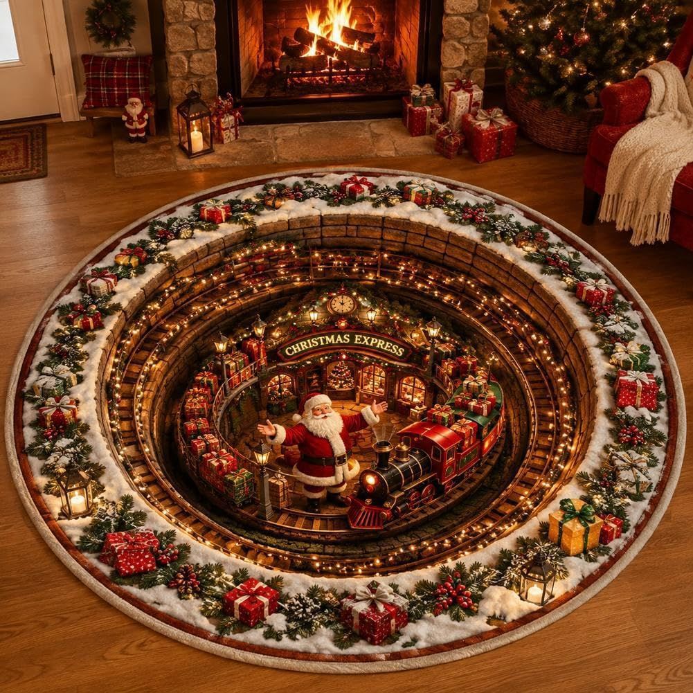 Round Christmas Area Rug with 3D Santa Design for Living Room