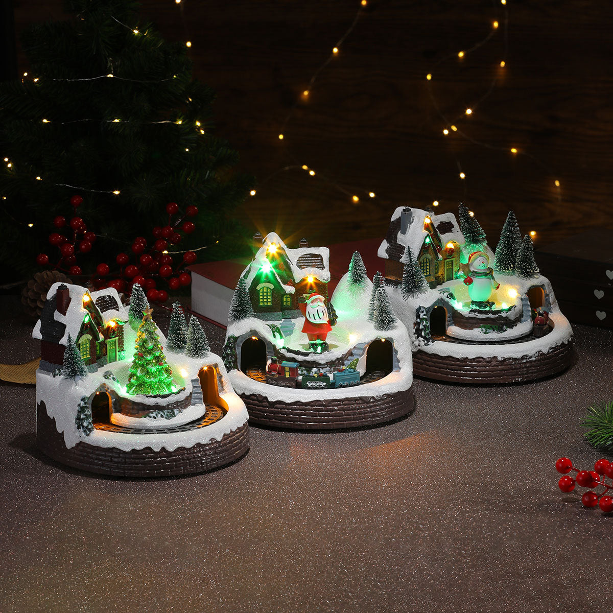Light Up Christmas Village Scene with Moving Train