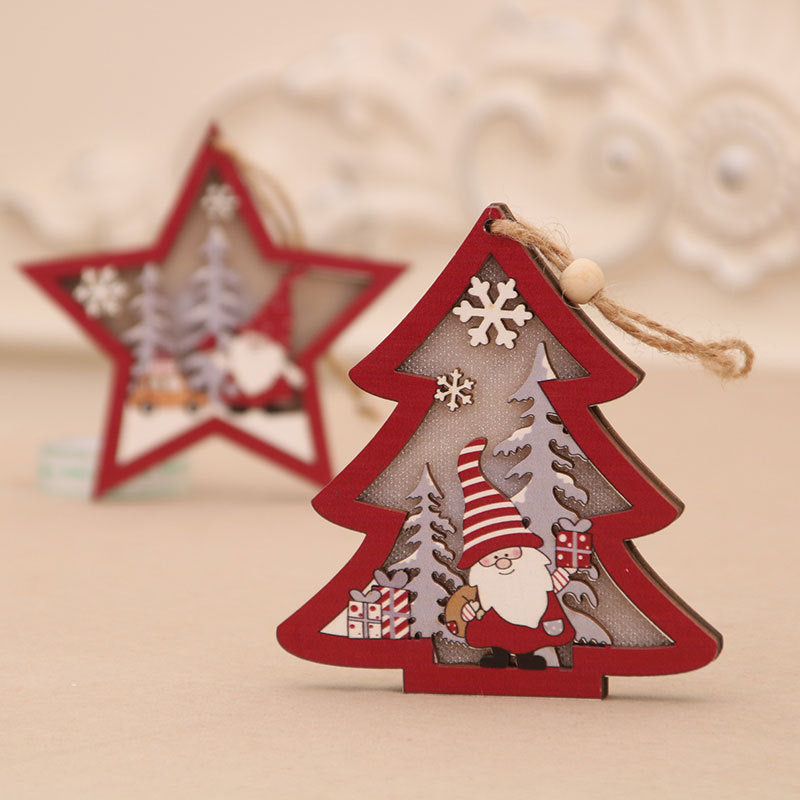 Wooden Light Up Christmas Tree Ornaments with Santa Scene