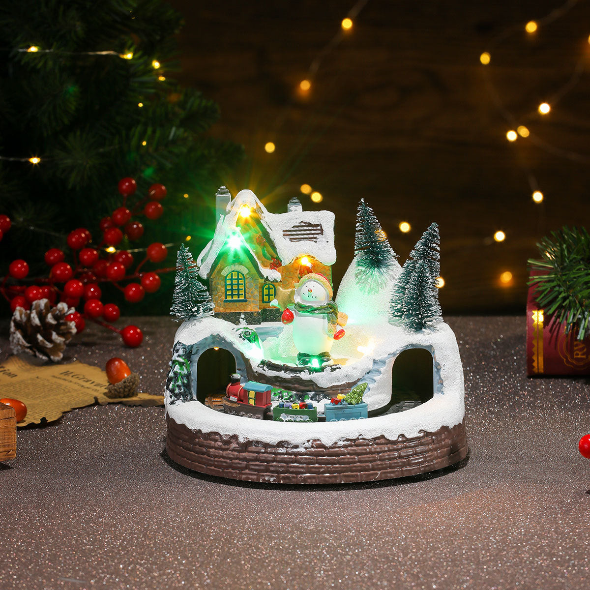 Light Up Christmas Village Scene with Moving Train