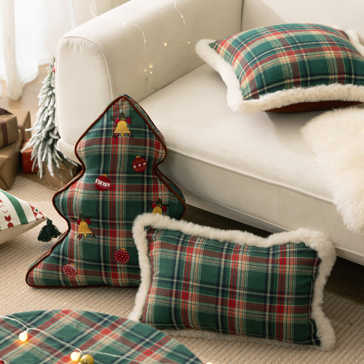 Christmas Throw Pillows in Plaid Flannel with Embroidered Bells