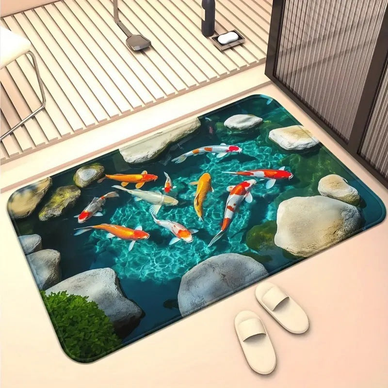 Koi Pond Floor Mat with a Non-Slip Backing | Stain Resistant and Machine Washable Rug | Two Colorways