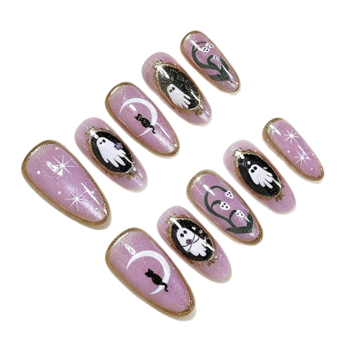 Halloween Press on Nails with Ghost and Cat Art | Almond Shape in Glitter Pink | Adhesive Tabs Included