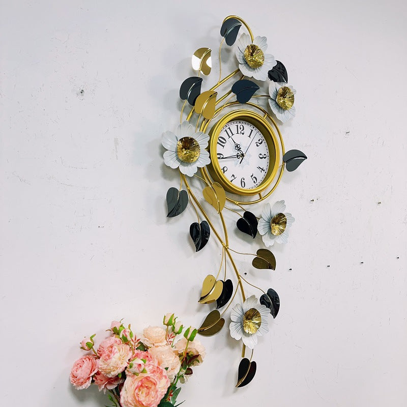 Floral Metal Wall Clock with Gold and White Blossoms | Decorative Art Piece with an Easy-Read Dial | 43 x 22 in