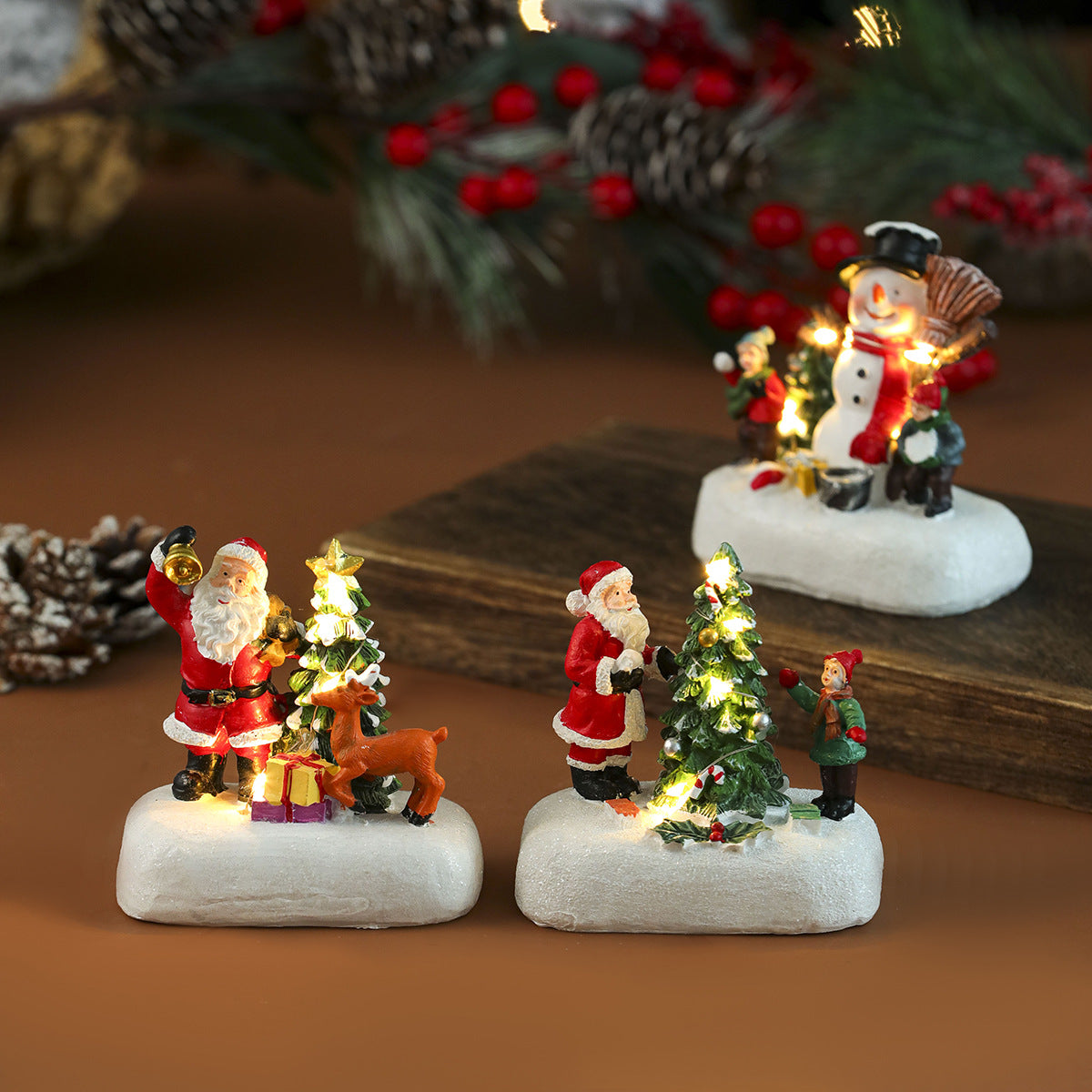 Light Up Christmas Village Figurines with Santa and Snowman