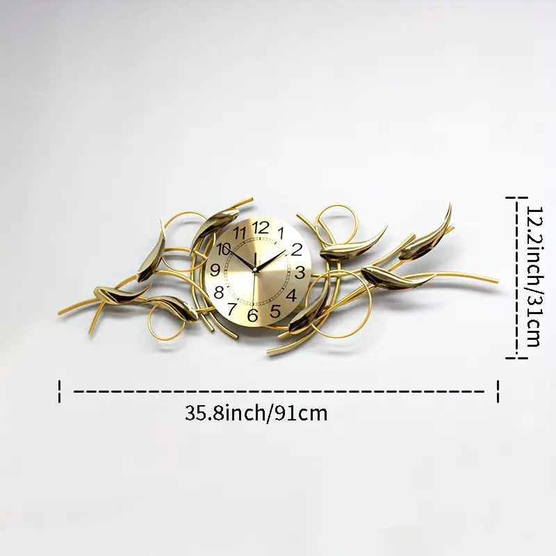 Long Wall Clock with Gold Metal Leaves on a Curling Stem | 36 x 12 in Across the Width of a Sofa | Fixings Included