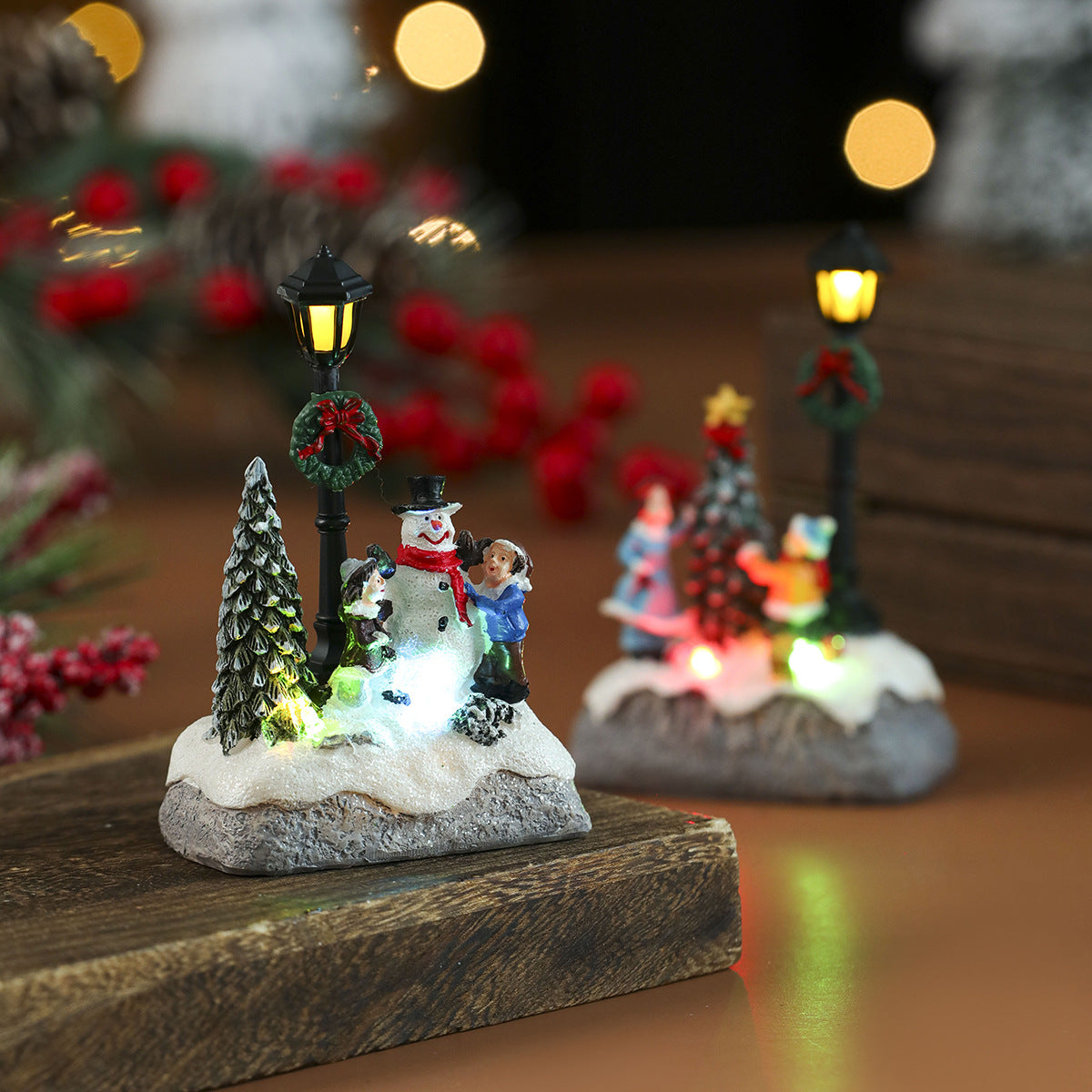 Light Up Christmas Village Figurines Set with Snowman Scene