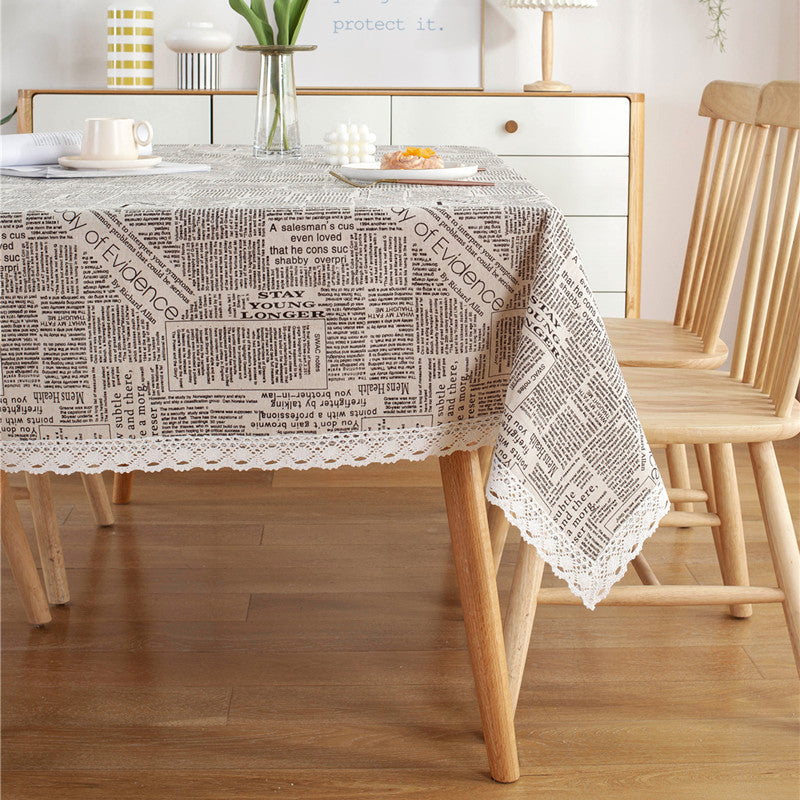 Lace Trimmed Tablecloth with Vintage Newspaper Print | Hard-Wearing Fabric for Daily Dining | 3 Sizes