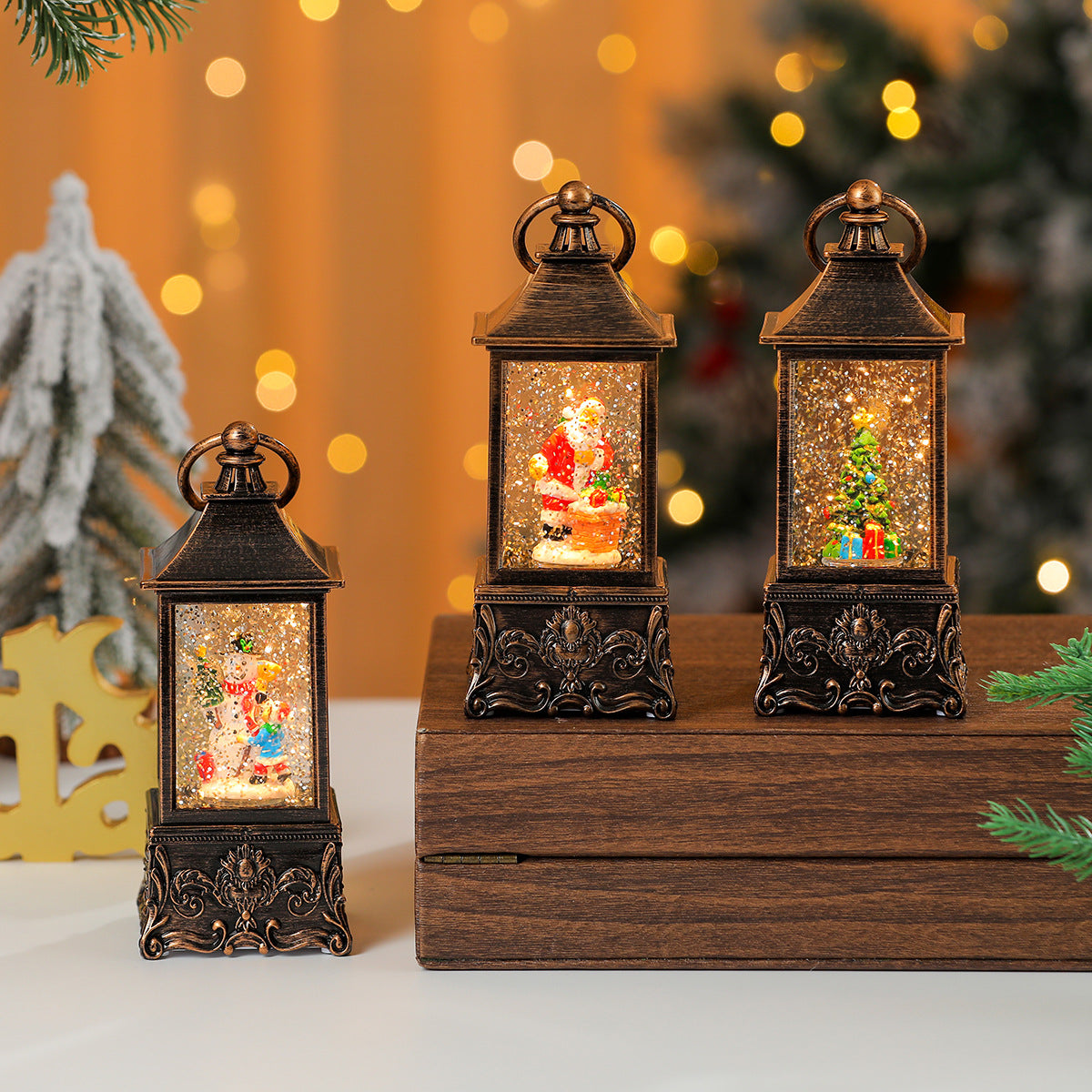 Miniature Christmas Ornaments Light Up Lantern with LED Scene