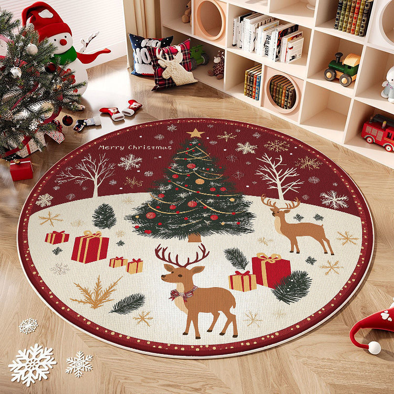 Round Washable Christmas Rug with Tree and Reindeer Design