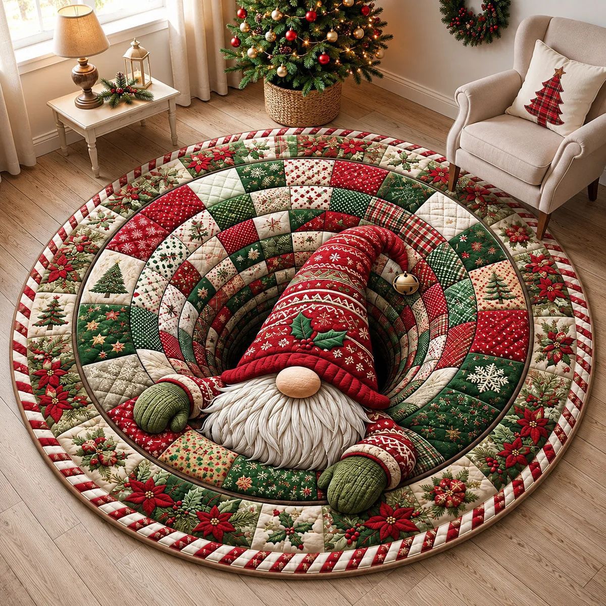 Round Christmas Area Rug with 3D Santa Design for Living Room