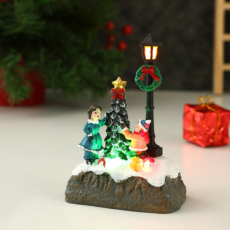 Light Up Christmas Village Figurines with Snowman and Lamp Post