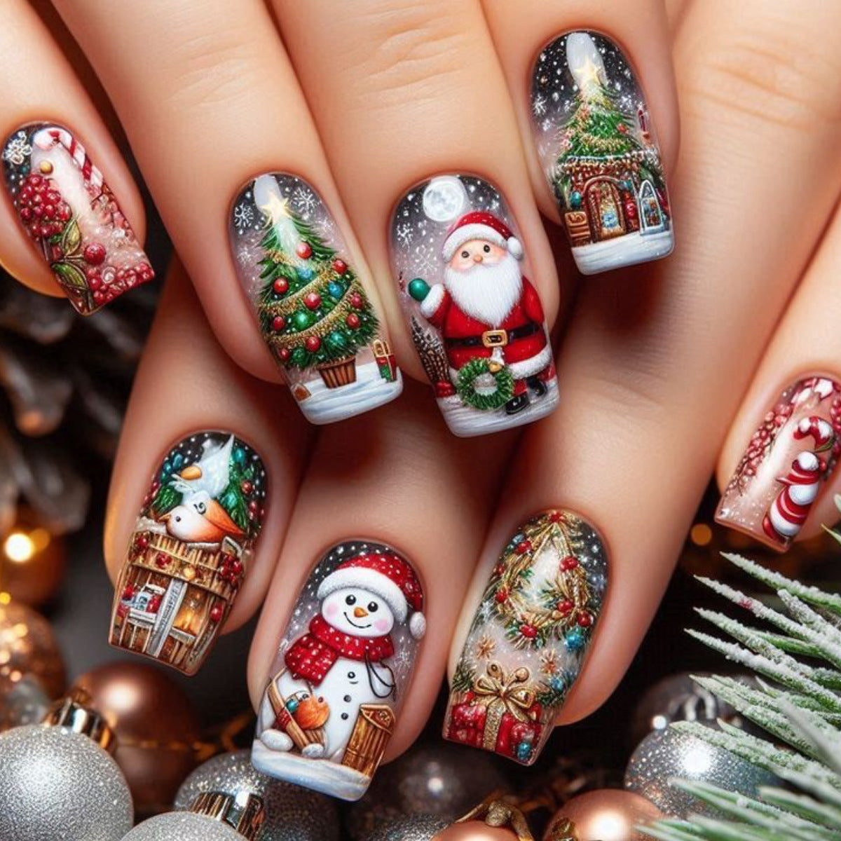 Christmas Press On Nails with Santa, Snowman and Tree Designs