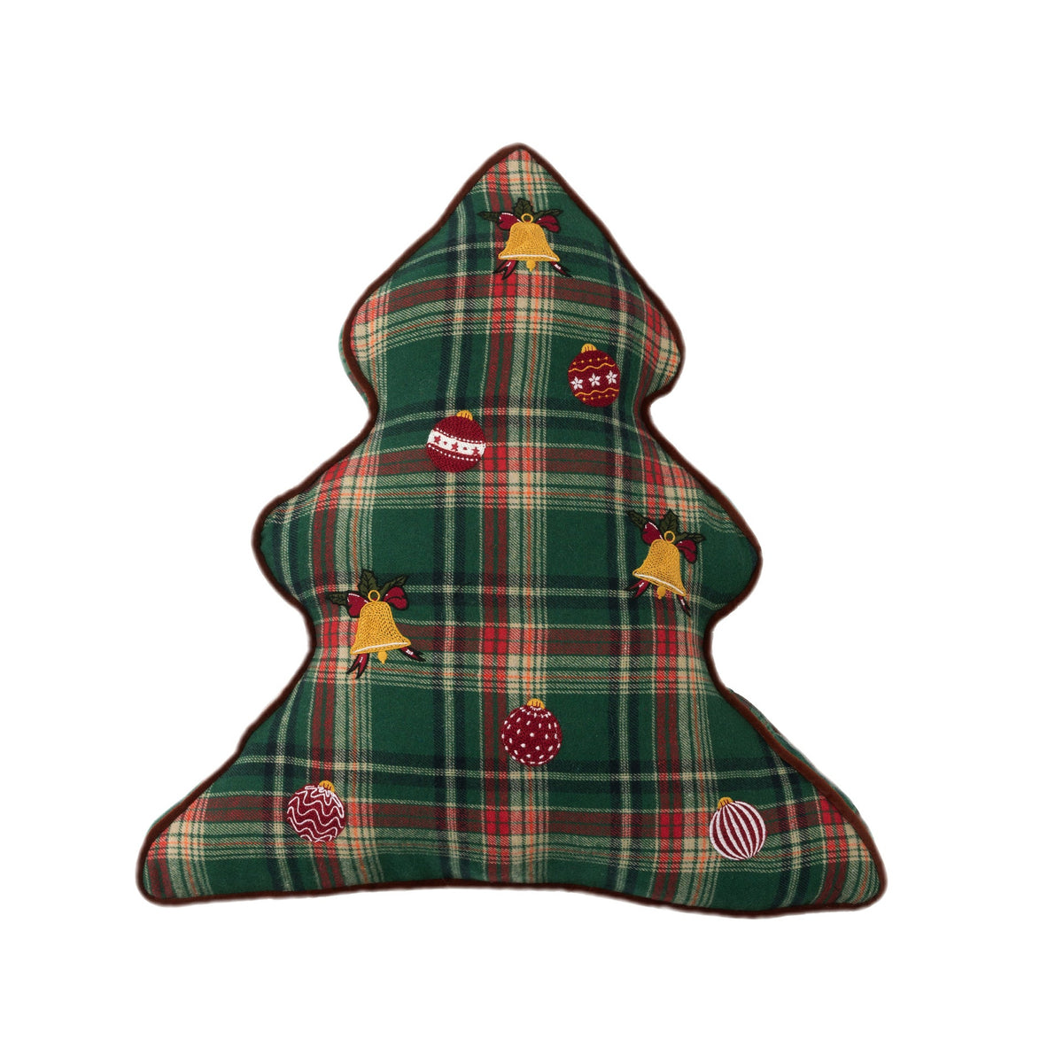 Christmas Throw Pillows in Plaid Flannel with Embroidered Bells