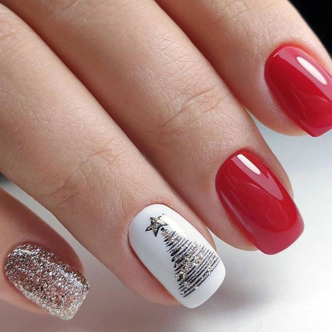Christmas Press On Nails with Tree Designs and Glitter