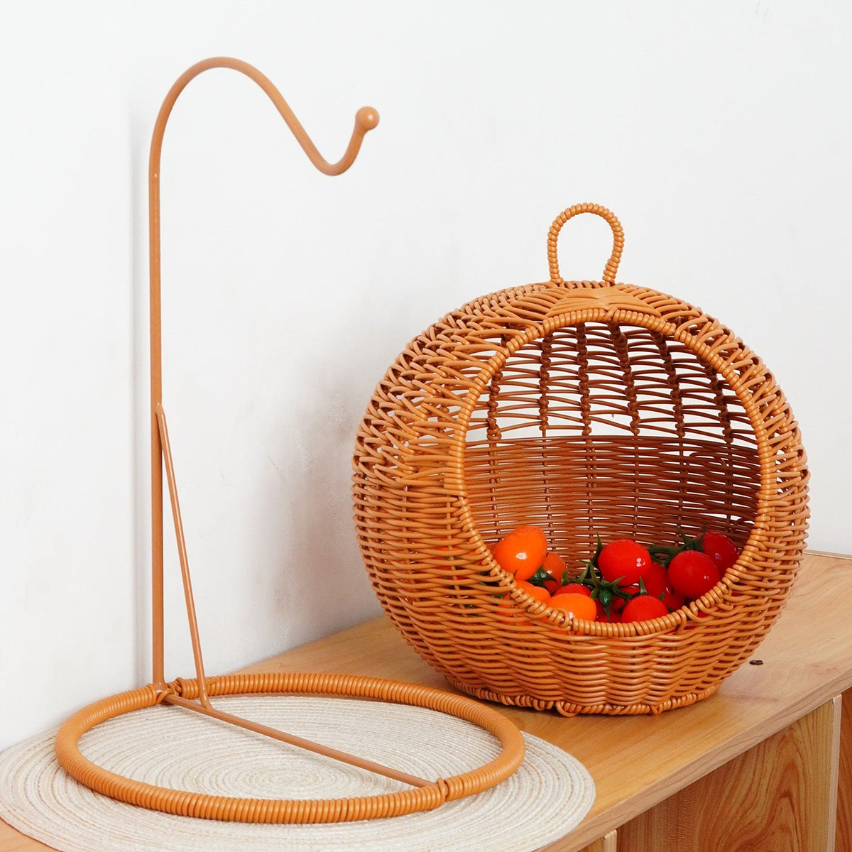 Woven Rattan Wall Basket Decor with Hanging Hook and Ring Stand | Open Front Shape | 2 Sizes, 2 Colors