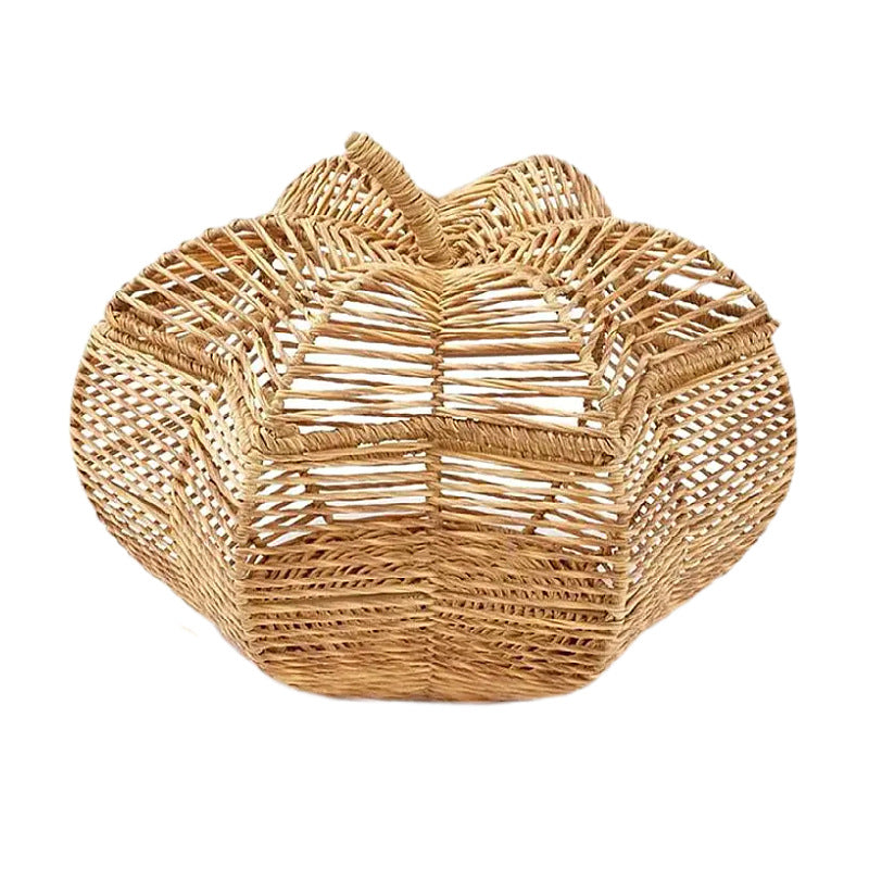 Handwoven Rattan Pumpkin Decor Basket with Curled Stem | Open Weave Bowl for Fruit or Display | Natural Finish