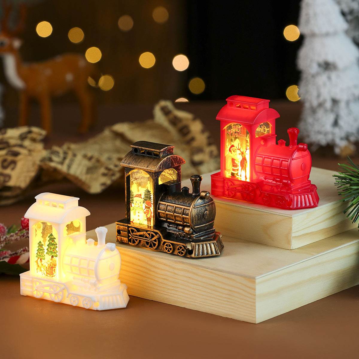 Light Up Christmas Train Ornament with LED Santa Scene