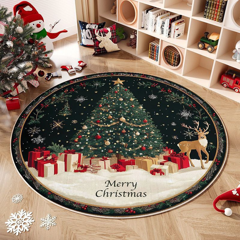 Round Washable Christmas Rug with Tree and Reindeer Design