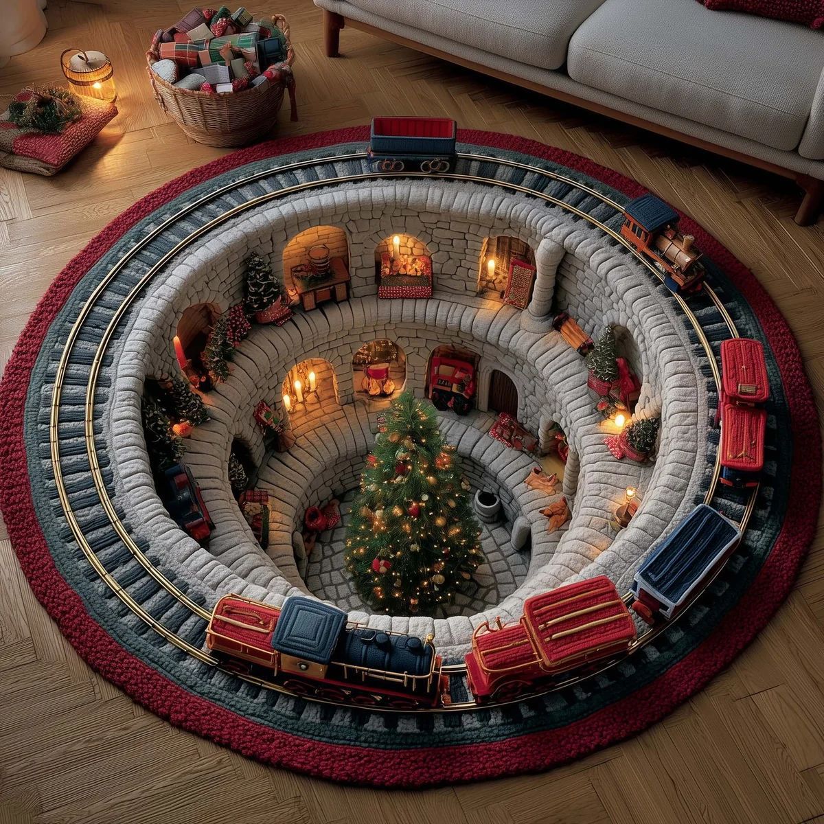 Round Christmas Area Rug with 3D Santa Design for Living Room