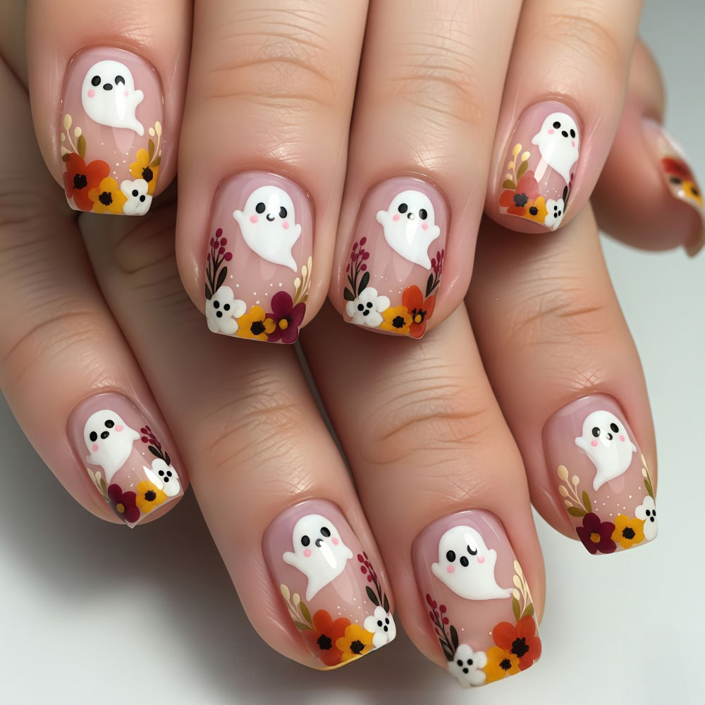 Halloween Ghost Floral Press-On Nails | Available in Yellow | Glue-Free Application in Minutes for Parties and Nights Out