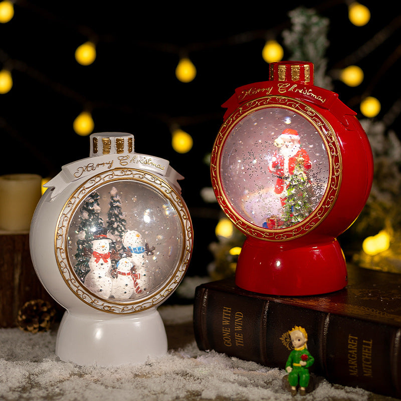 Christmas Snow Globe Lantern with Snowmen and Gold Trim