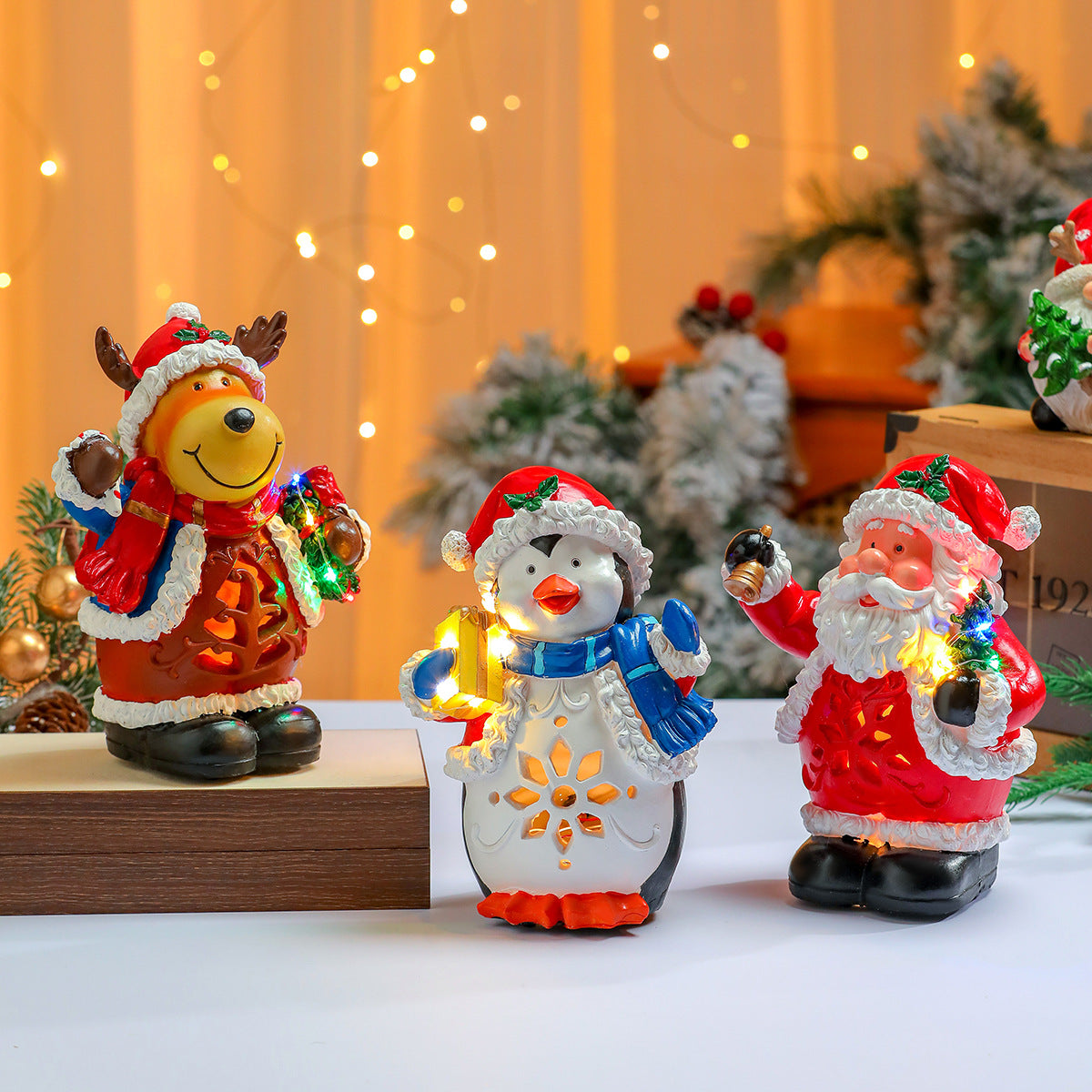 LED Christmas Figurines Set with Santa, Reindeer and Penguin