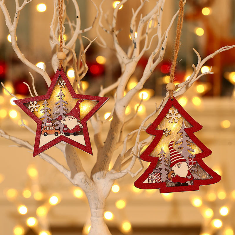 Wooden Light Up Christmas Tree Ornaments with Santa Scene