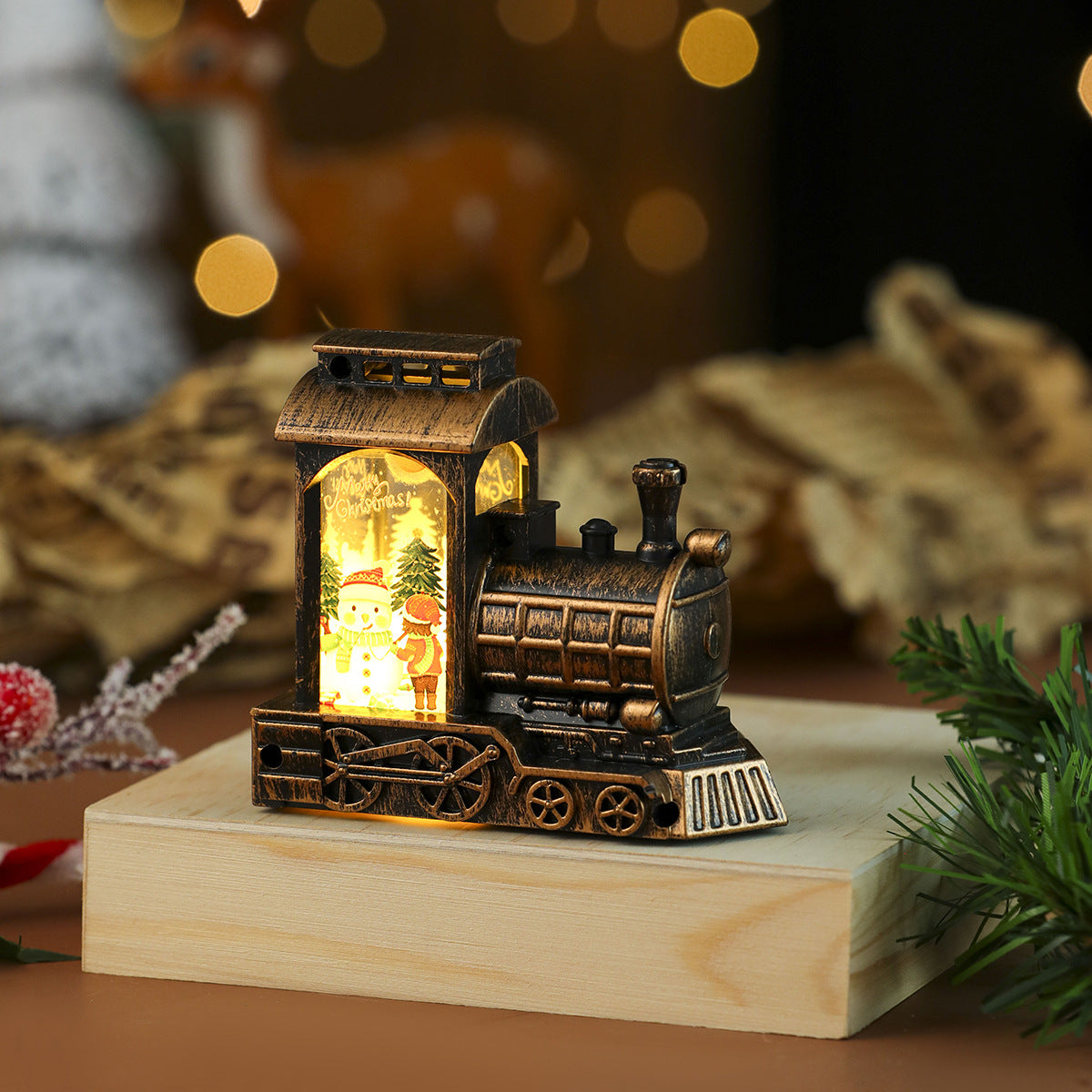 Light Up Christmas Train Ornament with LED Santa Scene