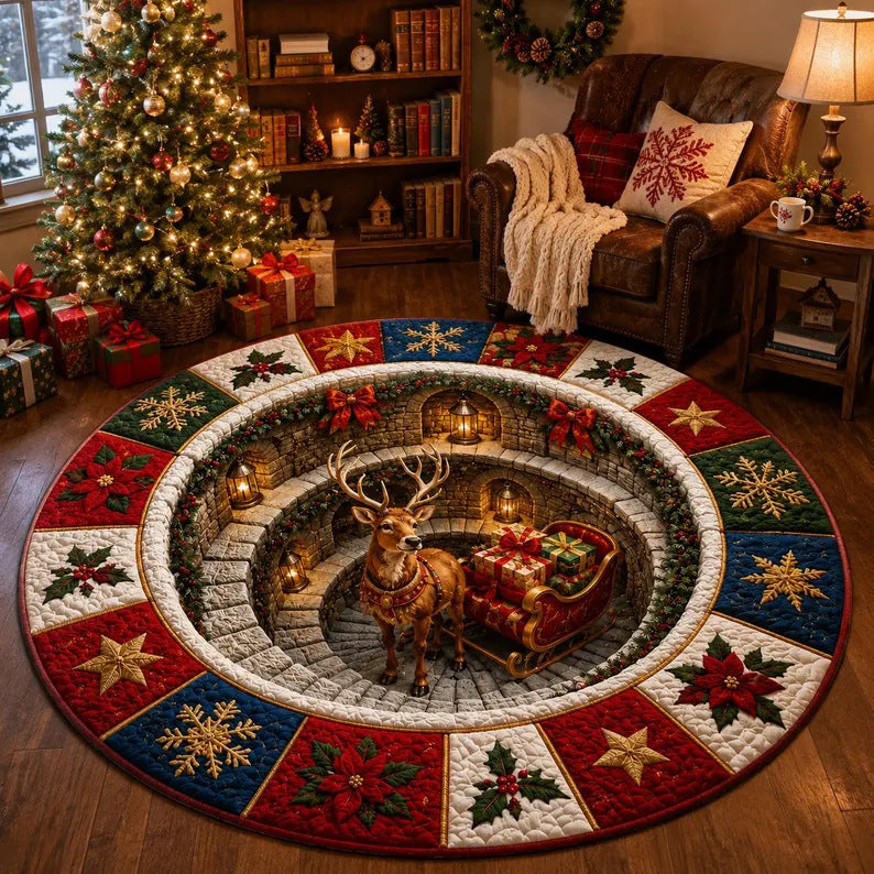 Round Christmas Area Rug with 3D Santa Design for Living Room