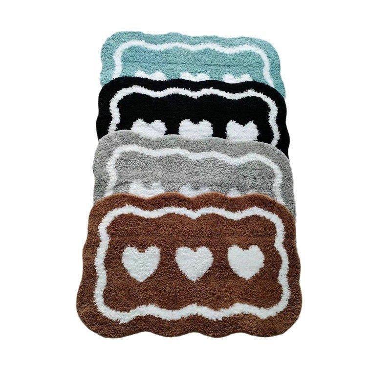 Tufted Bath Mat with Heart Pattern and Scalloped Edge | Soft Absorbent Bathroom Rug | Non-Slip Underside
