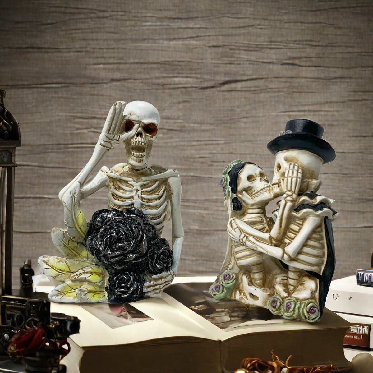 Halloween Skeleton Floral Decorative Figure | Available in 7 Colors | Stands on Shelves, Mantels, and Side Tables