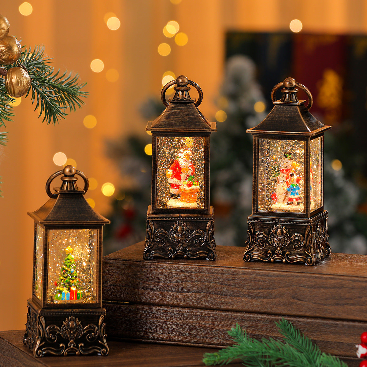 Miniature Christmas Ornaments Light Up Lantern with LED Scene