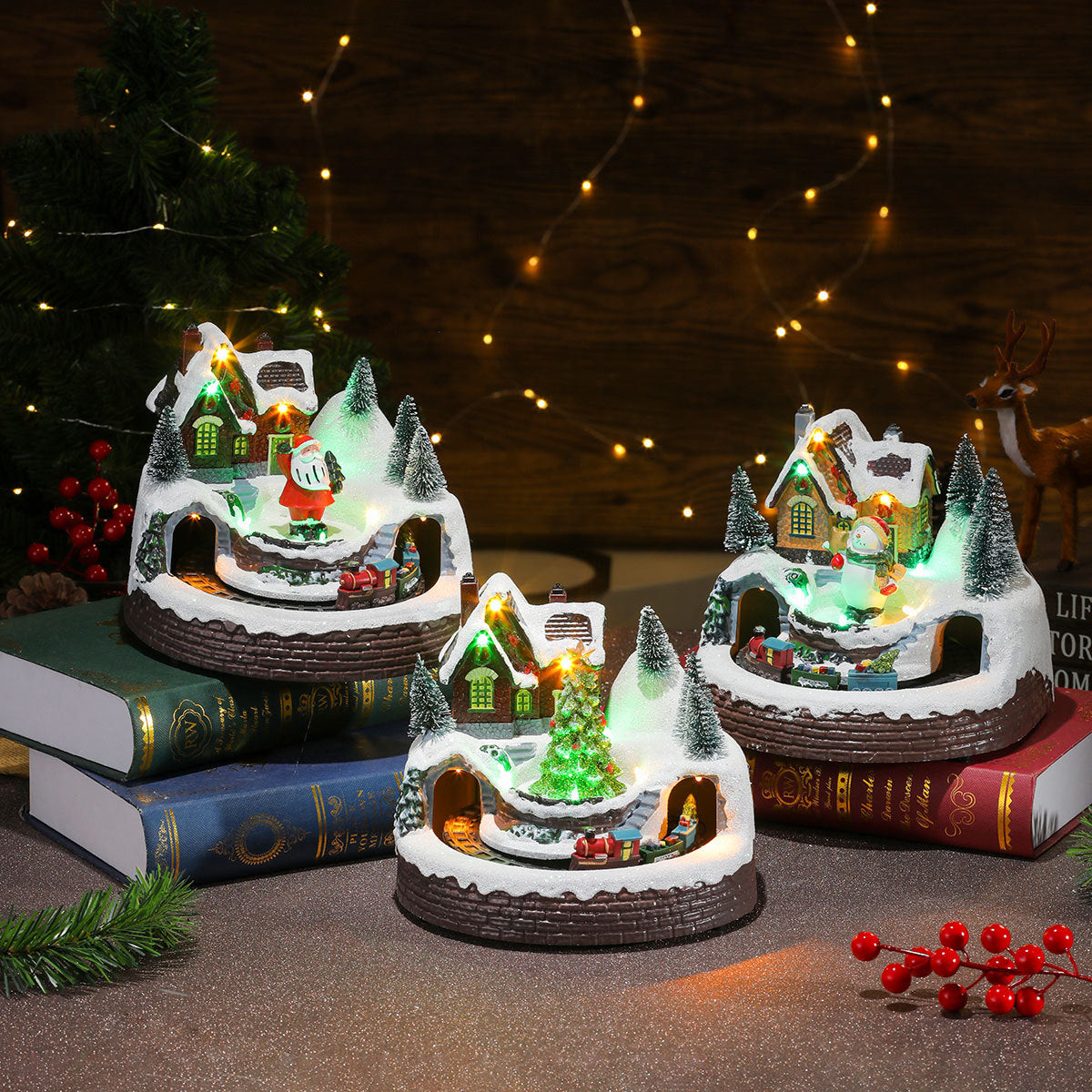 Light Up Christmas Village Scene with Moving Train