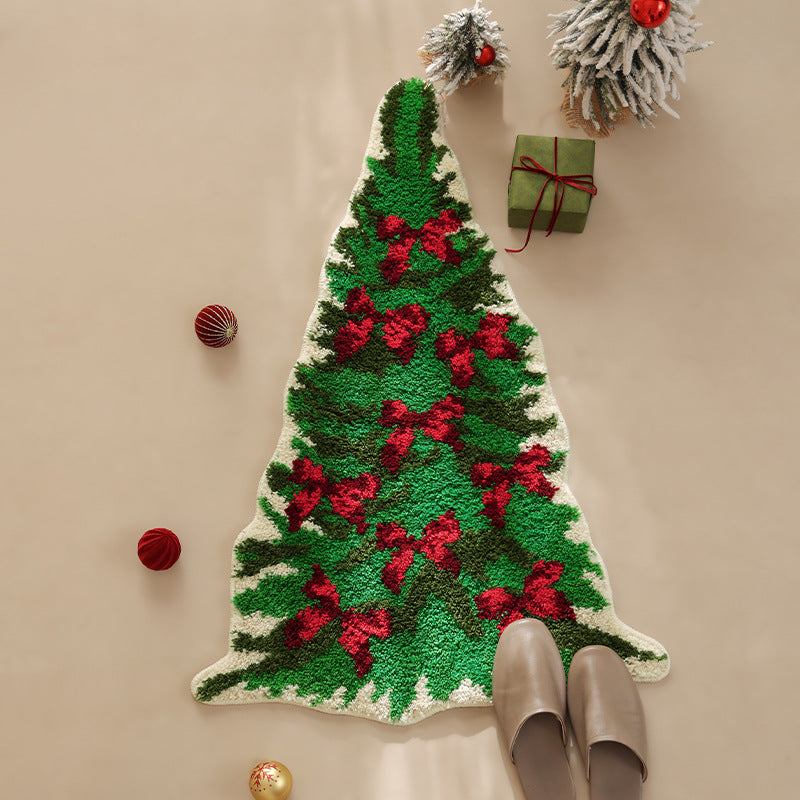 Christmas Carpet Rug in Tree Shape with Red Bows