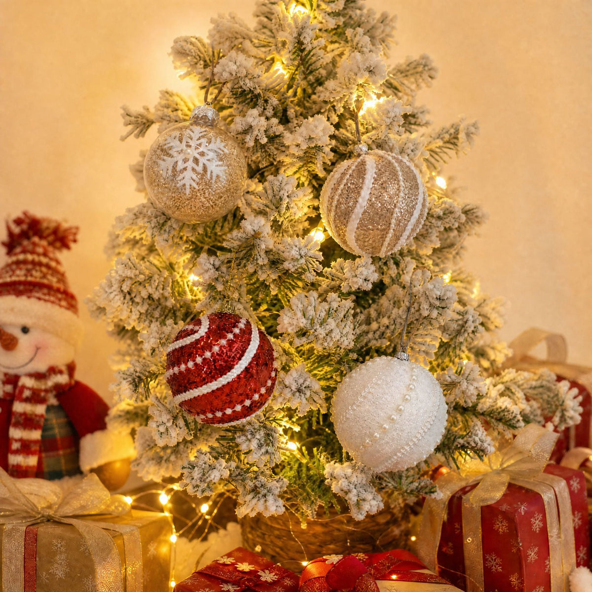 Red and White Christmas Tree Ornaments Set with Santa and Snowman