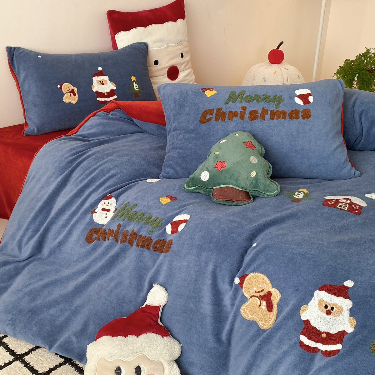 Velvet Christmas Bedding Set with Embroidered Santa