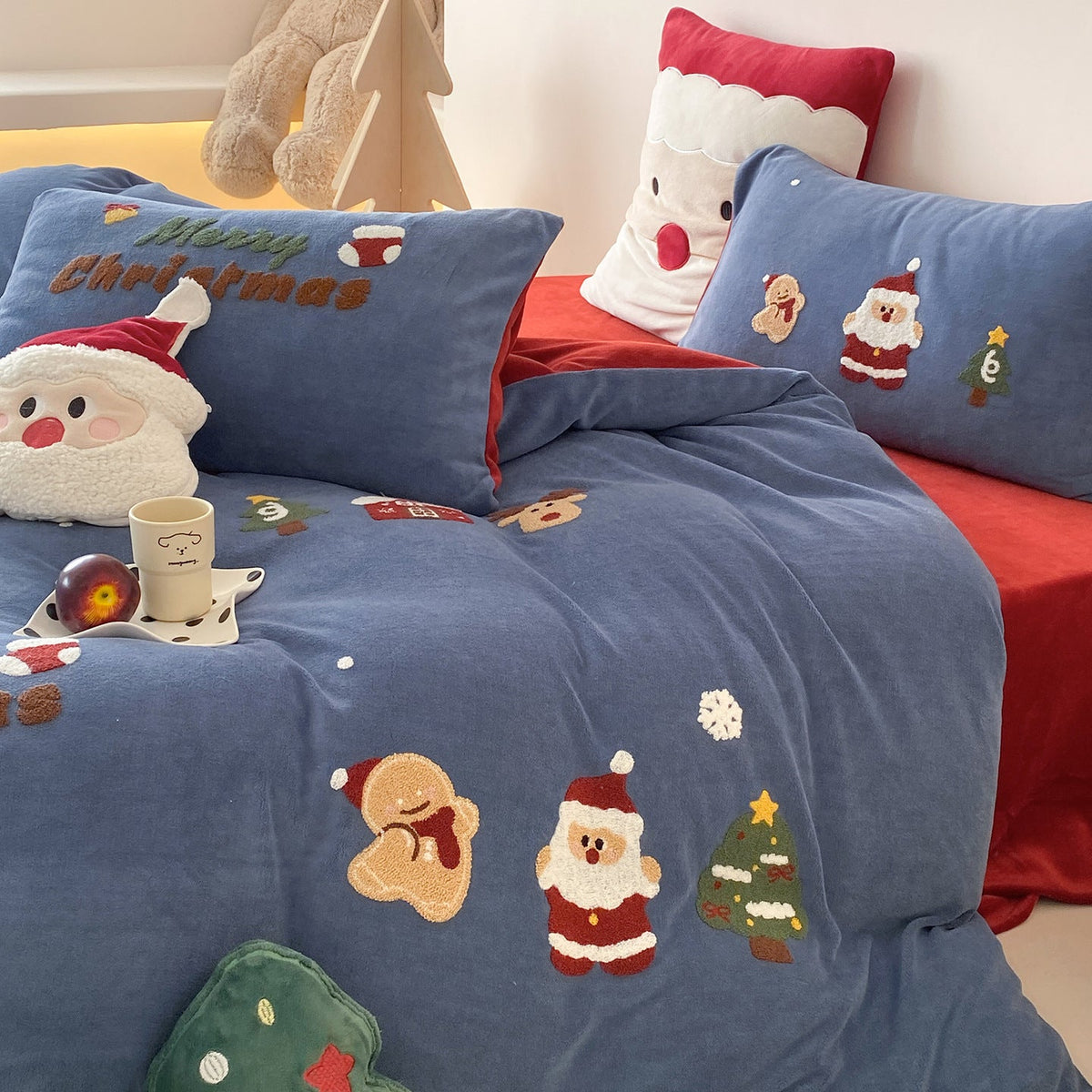 Velvet Christmas Bedding Set with Embroidered Santa