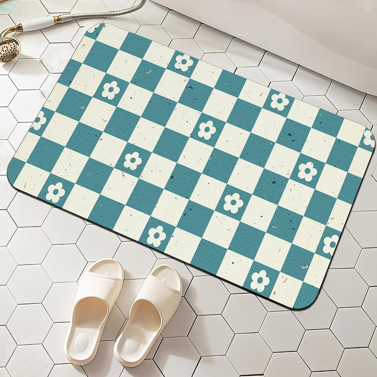 Checkerboard Bath Mat with Daisy Print and Non-Slip Backing | Hard-Wearing Surface, Easy to Wipe Clean | 11 Designs