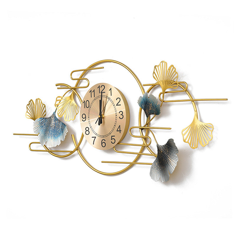 Long Wall Clock with Gilded Ginkgo Leaves in Metal | 36 x 13 in, Made to Fill a Wide Empty Stretch | Easy to Hang