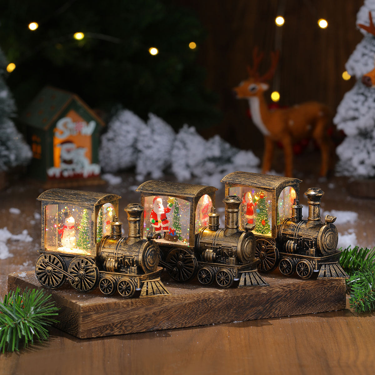 Light Up Christmas Train Ornaments with Santa and Snowman